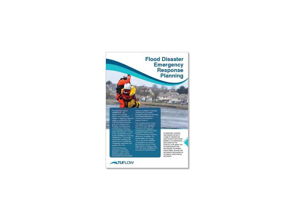 Image of the front page of a TUFLOW flood disaster emergency response planning brochure