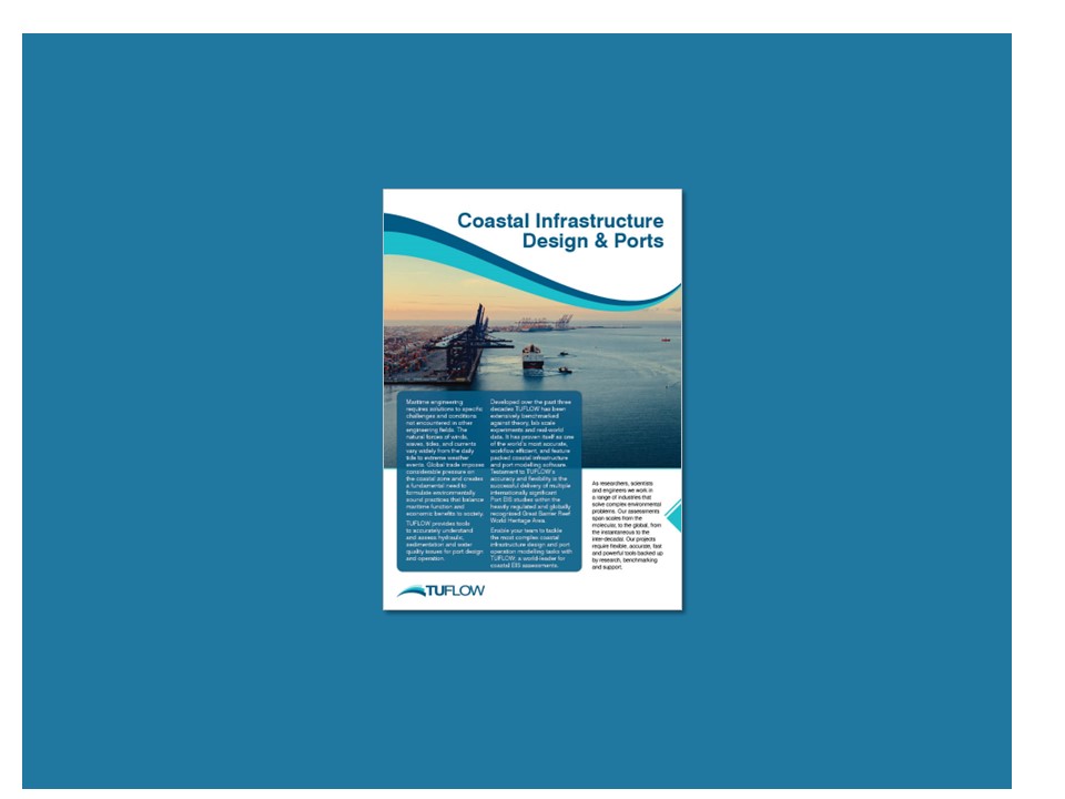 Image of the front page of a TUFLOW coastal infrastructure design and ports brochure